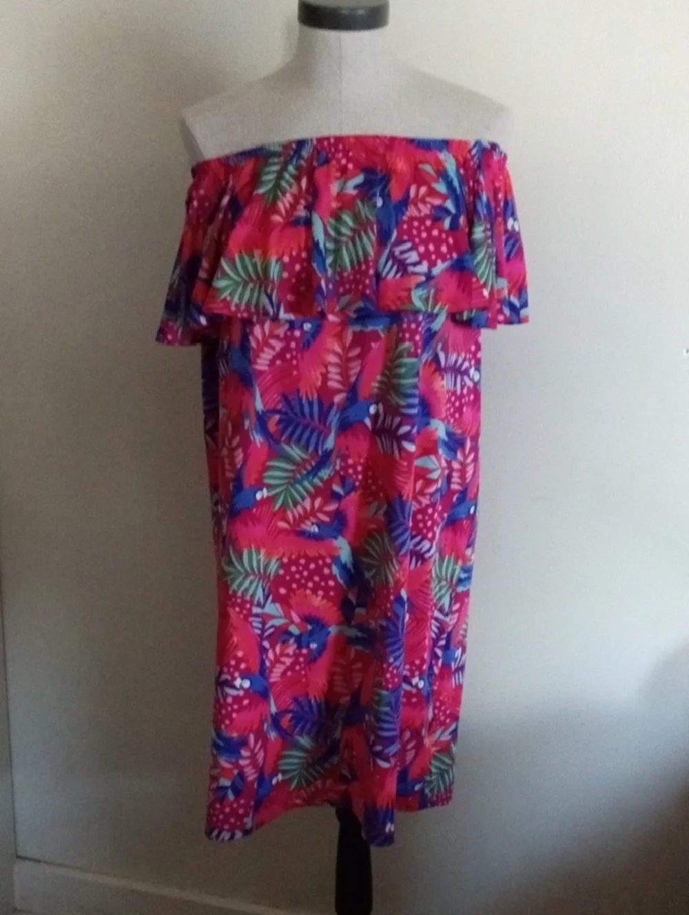 Tropical Off-Shoulder Ruffle Dress - Bright Pink Multi - Picture 1 of 11